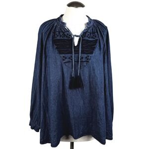 Ne Quittez Pas Women's Denim Tunic‎ Size Large Blue Embroidered Details Boho Top
